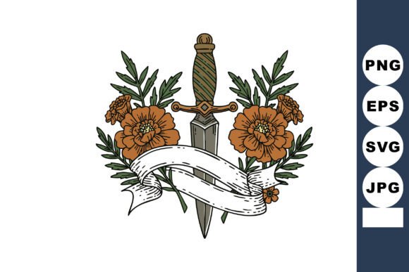 Decorative Vintage Dagger with Orange Fl: A Versatile Graphic Design Asset